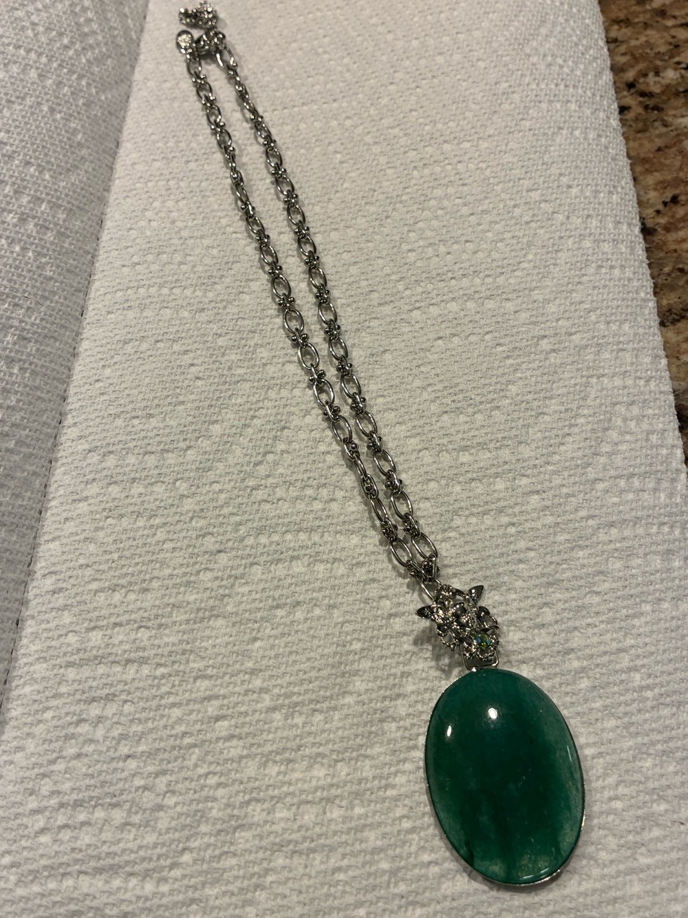 Kirk’s Folly Silver Chain 14” Necklace with Green Oval Pendant